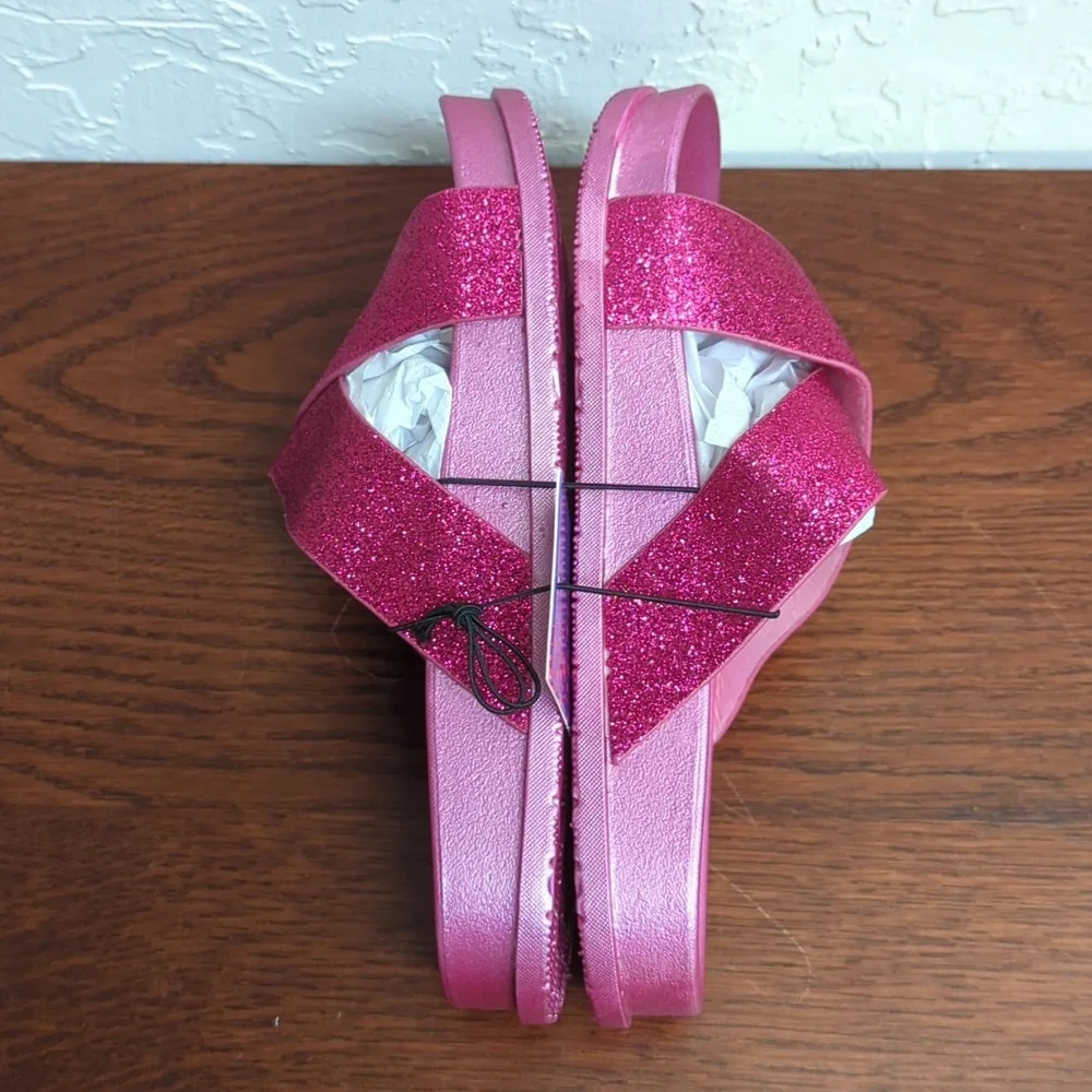 Rampage Fuschia Glitter Criss Cross Flat Slide Sandals Size 13/1